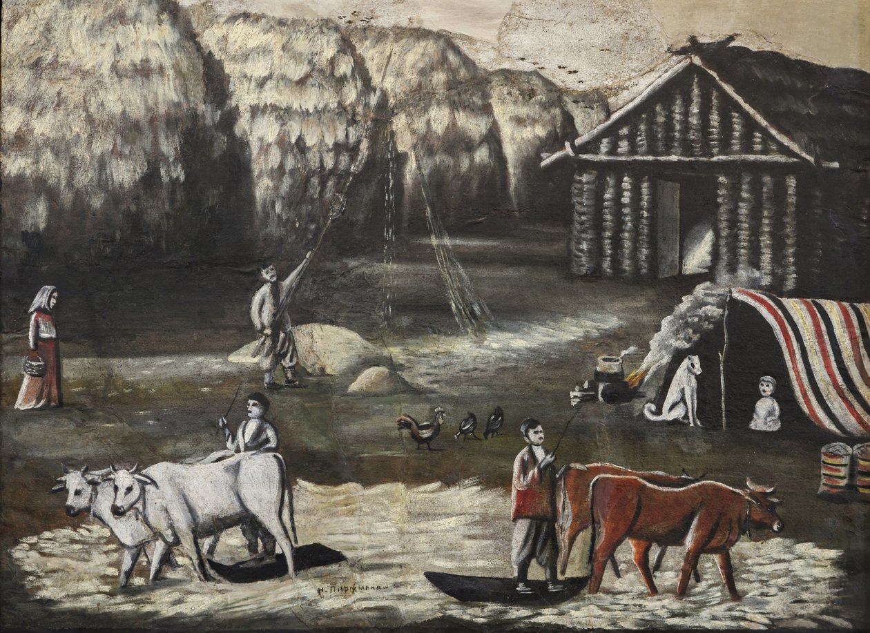 Treskegård. Kveld (terrain de battage, le soir) av Pirosmani (Pirosmanashvili), Niko (1862-1918). Olje på papp, størrelse: 77x106 av Niko Pirosmanashvili