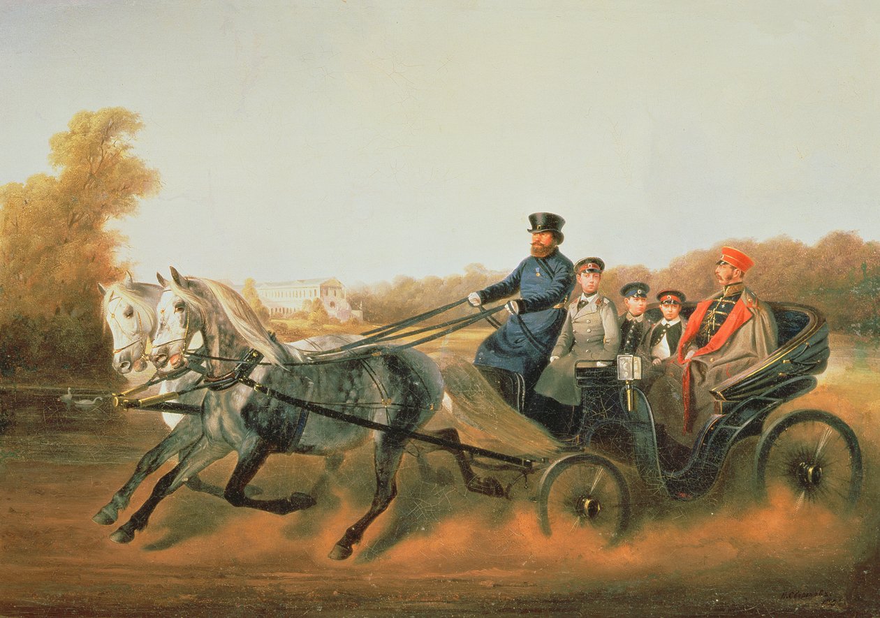 Tsar Alexander II (1818-81) Kjører med sønnene sine i Zarskoje Selo, 1850-tallet av Nikolai Egorevich Sverchkov