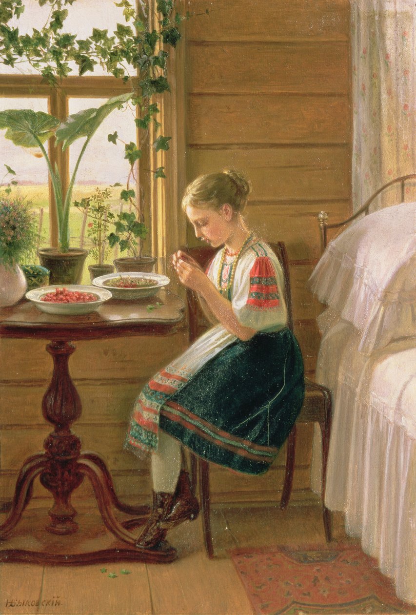 Jente som skreller bær, 1880 av Nikolai Mikhailovich Bykovsky