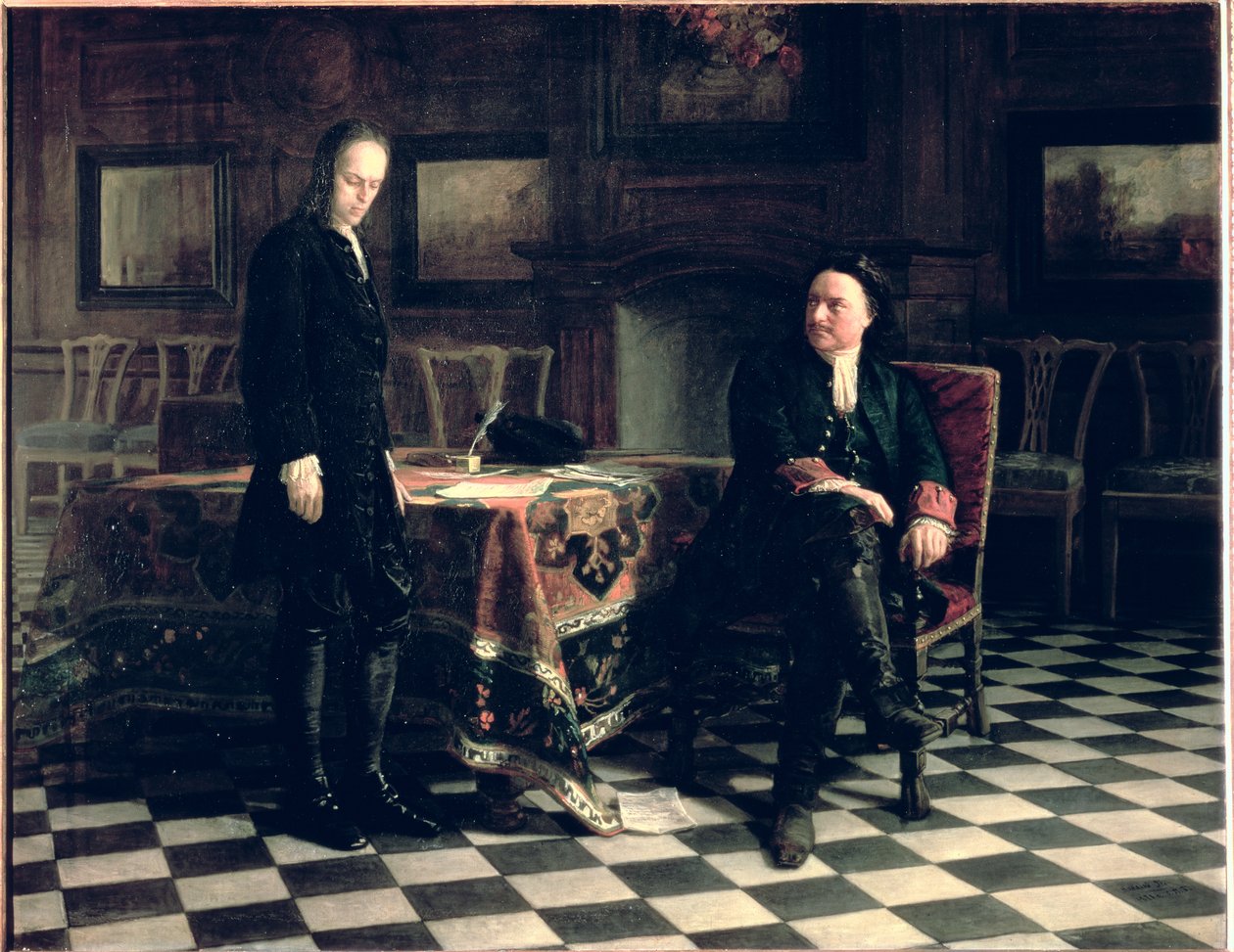 Peter den store forhører Tsarevich Alexei Petrovich på Peterhof, 1871 av Nikolai Nikolaevich Ge