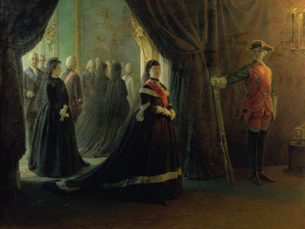 Catherine II (1729-96) ved kisten til keiserinne Elizabeth (1709-61), 1874 av Nikolai Nikolajevitch Gay