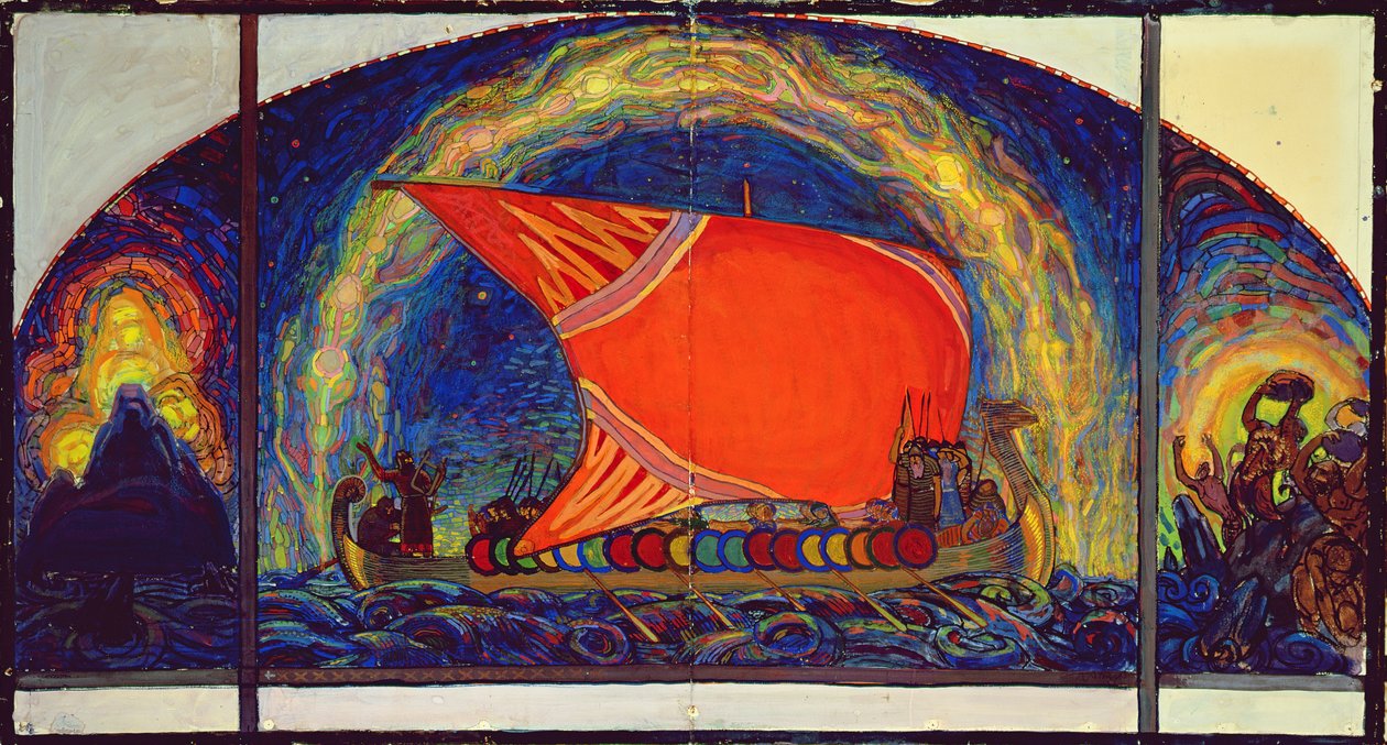 Kalevipoegs Sailboat `Plane, 1910 (tempera og fargestift på papir) av Nikolai Triik