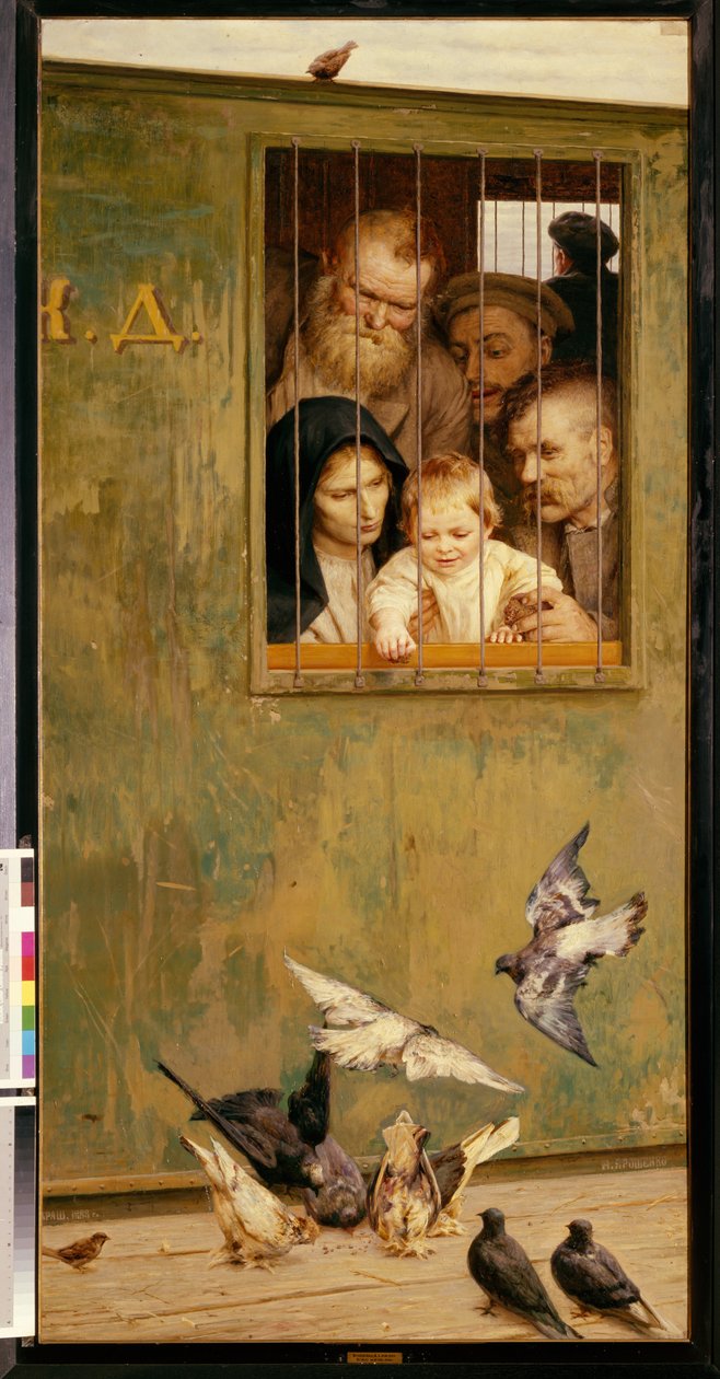 Livet er overalt. (Fra vinduet på en vogn med jernstenger kaster et barn omgitt av smilende ansikter smuler på fugler). Maleri av Nikolai Alexandrovich Yaroshenko (Yarochenko) (1846-1898), olje på lerret av Nikolai Aleksandrovich Yaroshenko