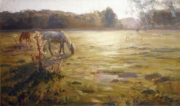Horse in a Meadow (olje på lerret) av Nikolai Alexandrovich Klodt