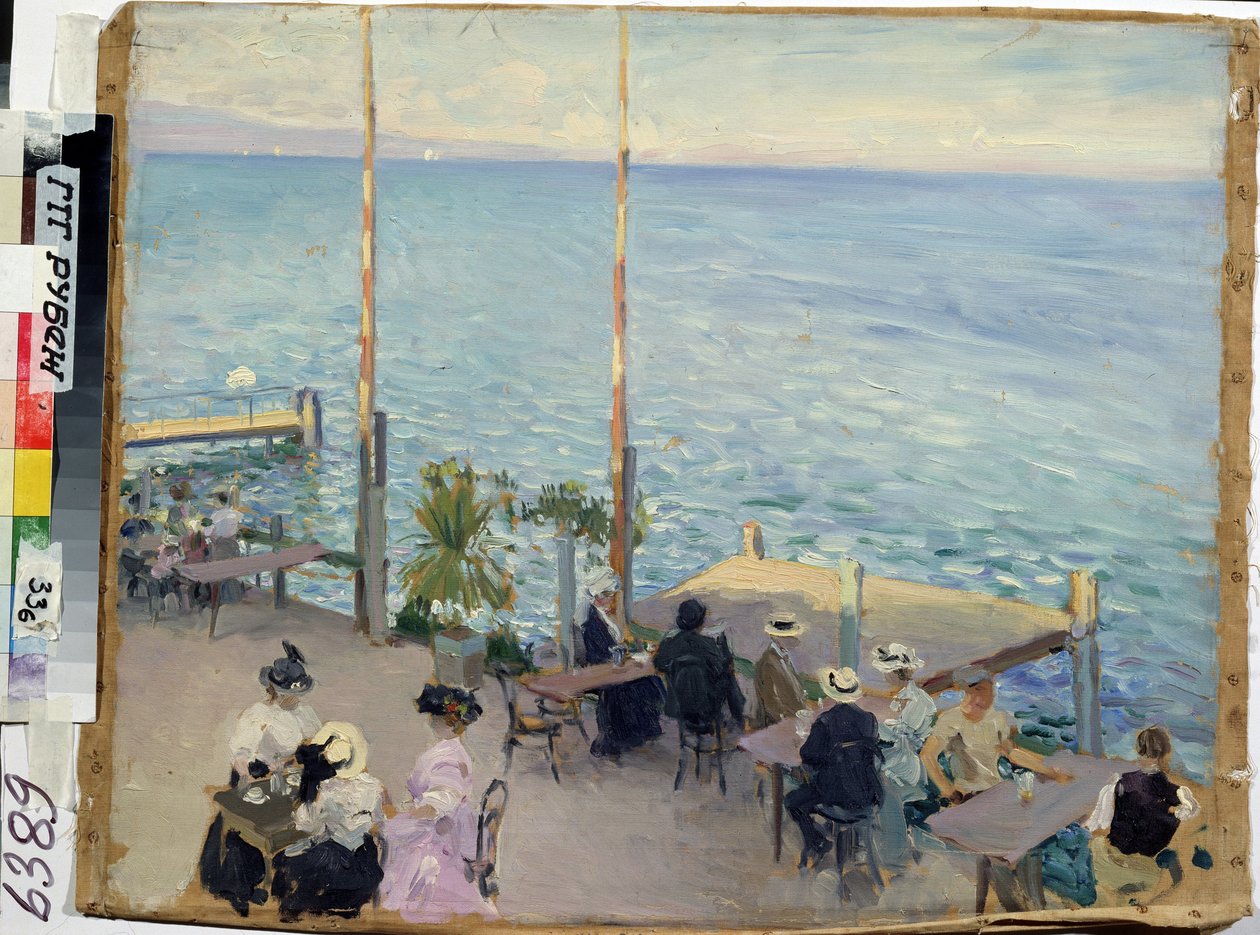 Genfersjøen, Genève (Sveits), kafé. (The Lake Geneva. Cafe). Maler av Nikolai Alexandrovich Klodt (1865-1918), olje på lerret av Nikolai Alexandrovich Klodt