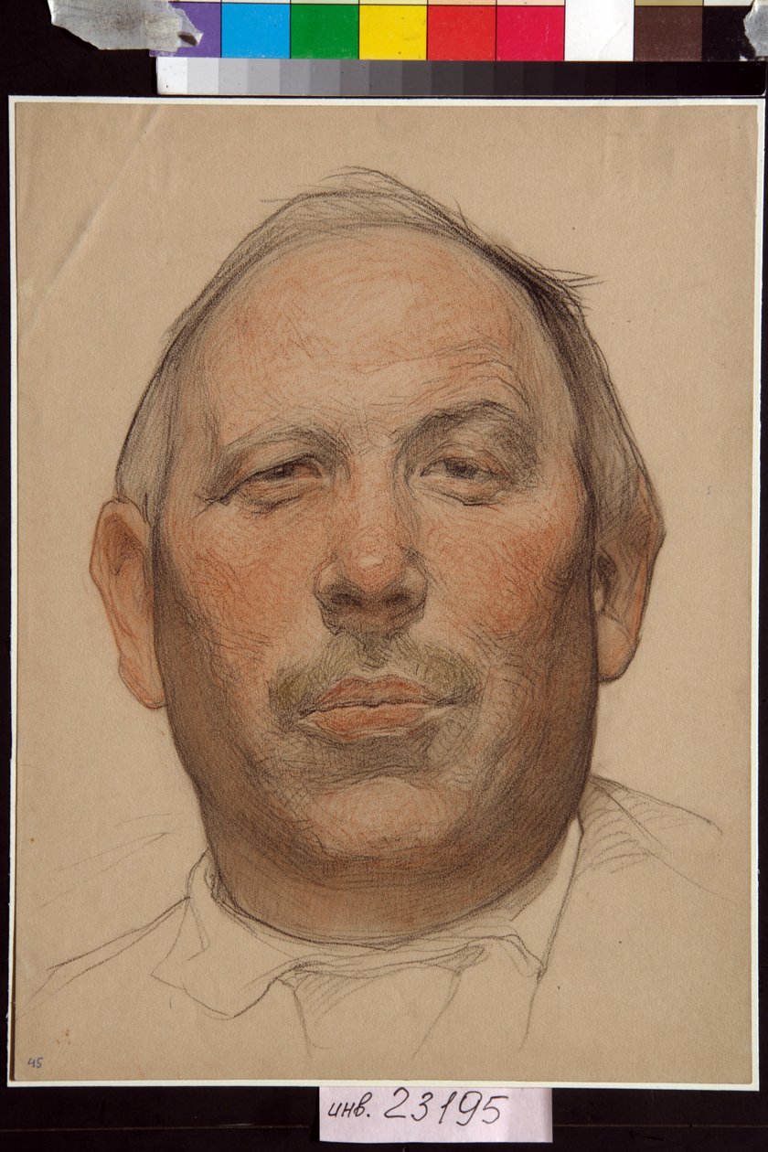 Portrait de Demian Bedny (1883-1945) - Oeuvre av Nikolai Andreevich Andreev (1873-1932), sanguine et craies sur papier (32x24,2 cm), vers 1920 - (Portrett av Demyan Bedny, av Nikolay Andreyevich Andreyev, sanguine, svart og hvitt kritt på papir av Nikolai Andreevich Andreev