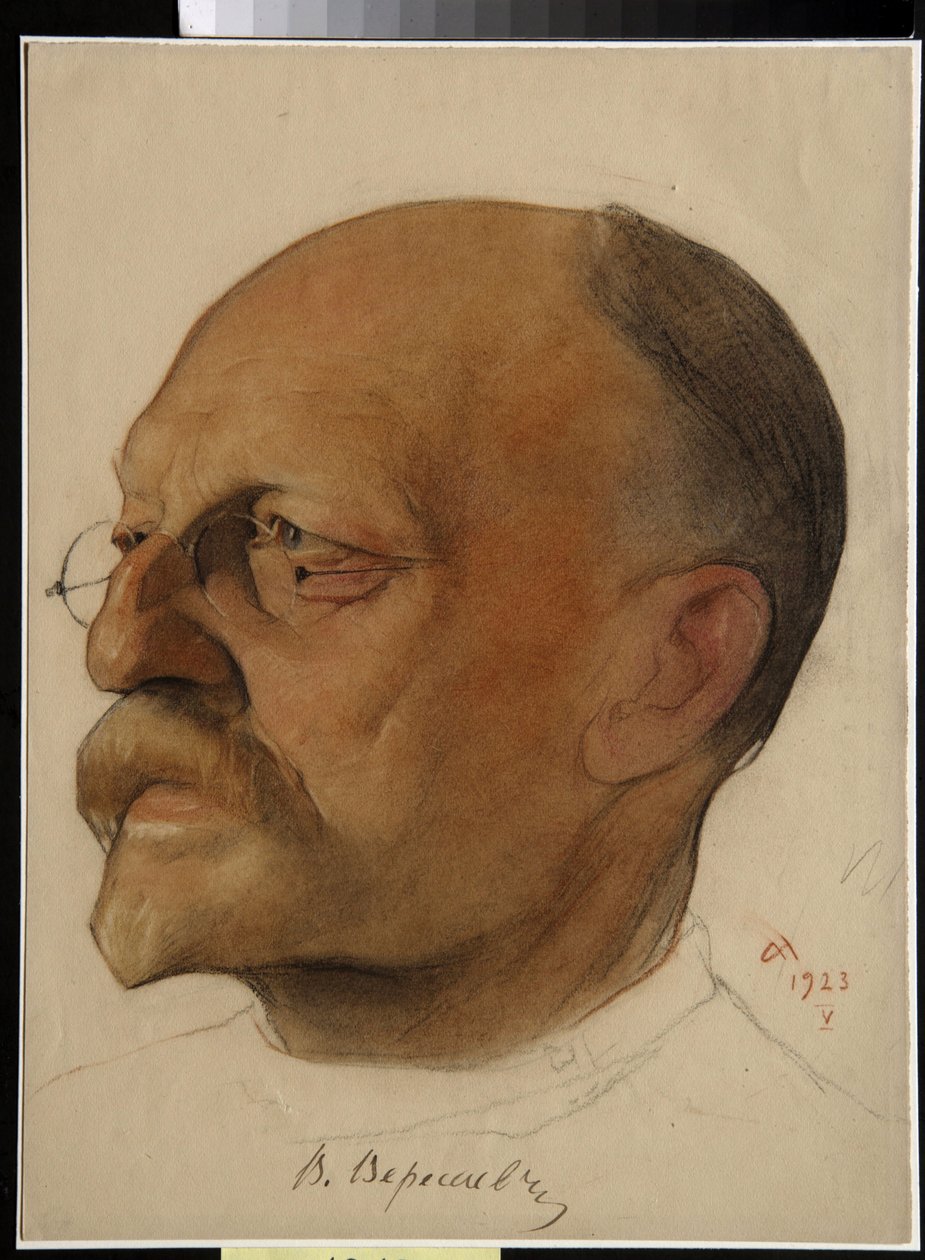 Portrett av Vikenti Vikentyevich Smidovitch, dit Vikenti Veressaiev (1867-1945), russisk lege og forfatter (Vikenty Vikentyevich Veresaev) - Tegning av Nikolai Andreevich Andreev (1873-1932) sangvin og fargestifter på papir (32,5x24 cm) av Nikolai Andreevich Andreev