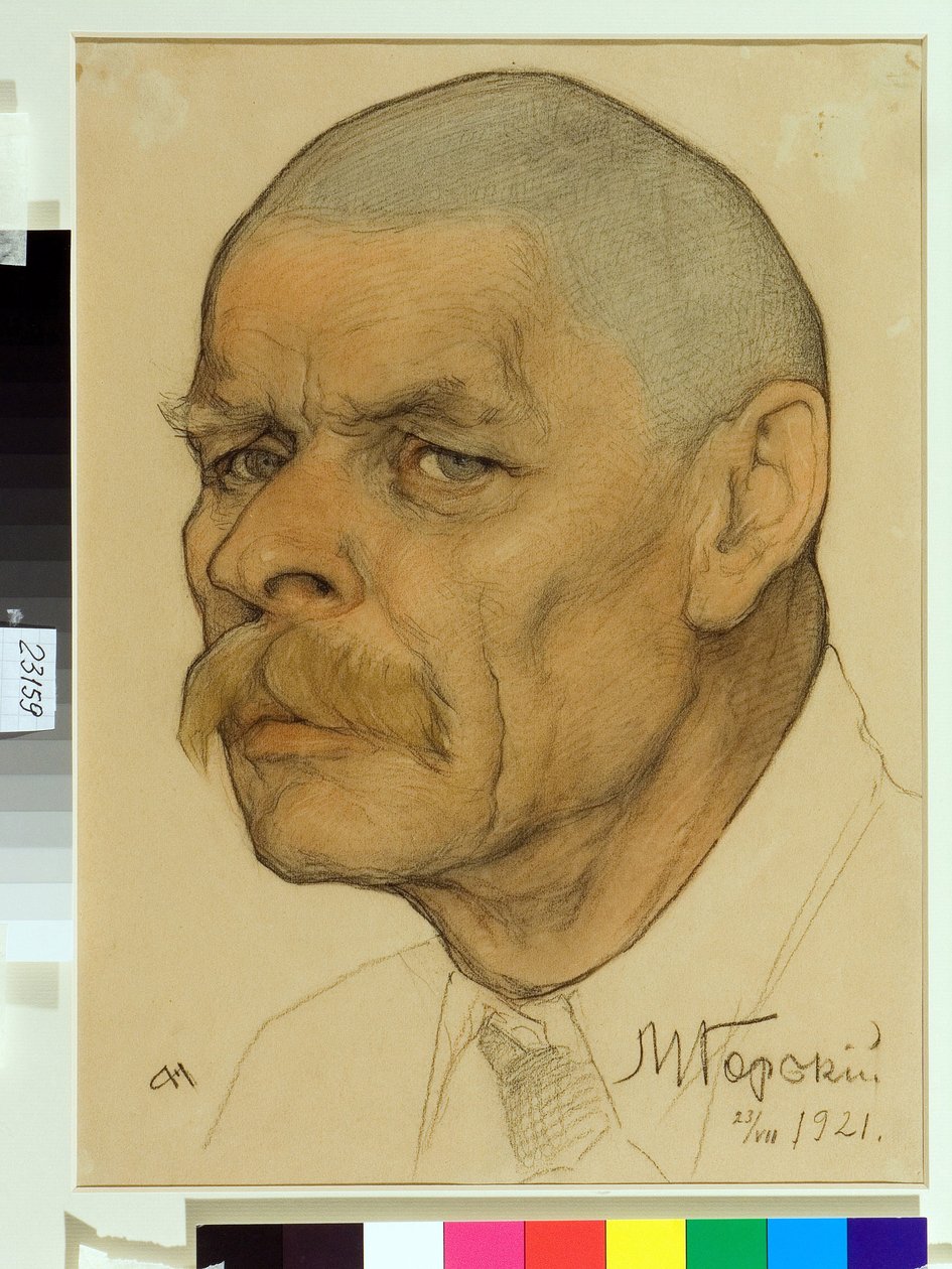 Portrett av den russiske forfatteren Maxime Gorky (1868-1939) - Verk av Nikolai Andreevich Andreev (1873-1932), blod og kritt på papir (32,6x24,3 cm) av Nikolai Andreevich Andreev