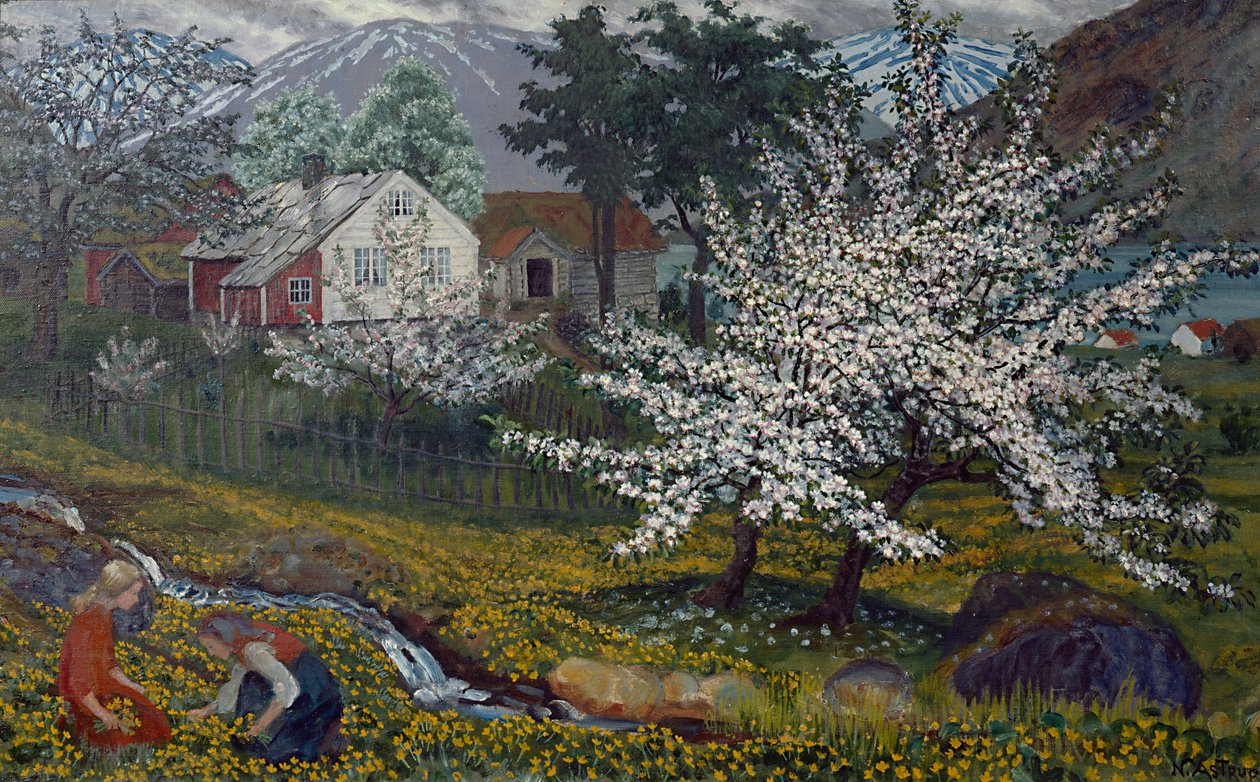 Blomstrende epletre, Strømsbo gård, ca. 1912 (olje på lerret) av Nikolai Astrup