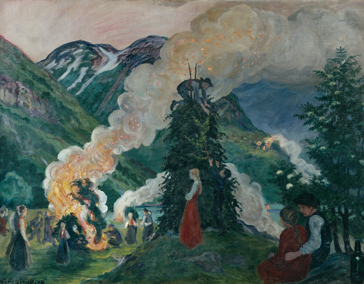 Bygger opp den store midtsommerbrannen av Nikolai Astrup