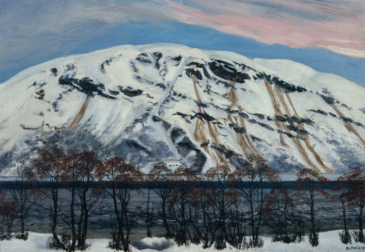 Kald aprilmorgen med snøskred, snøfjell av Nikolai Astrup