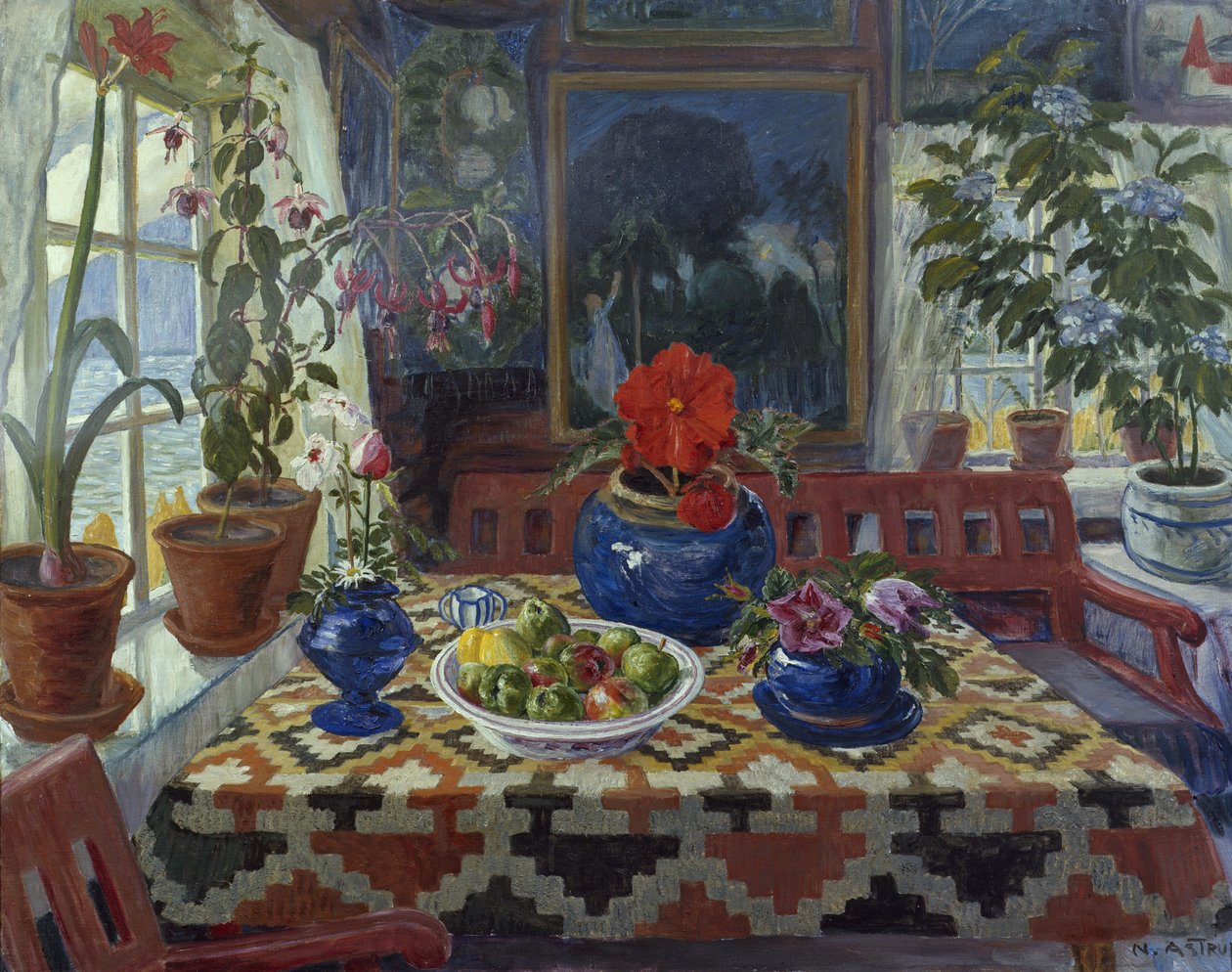 Interiør med en stor blå gryte av Nikolai Astrup