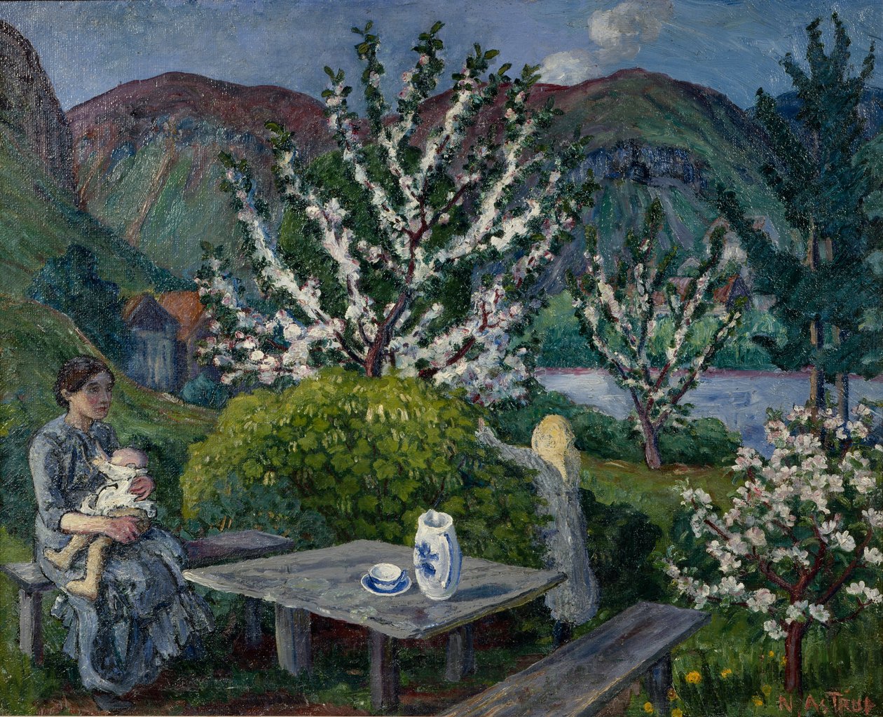 Mor og barn ved hagebordet (olje på lerret) av Nikolai Astrup
