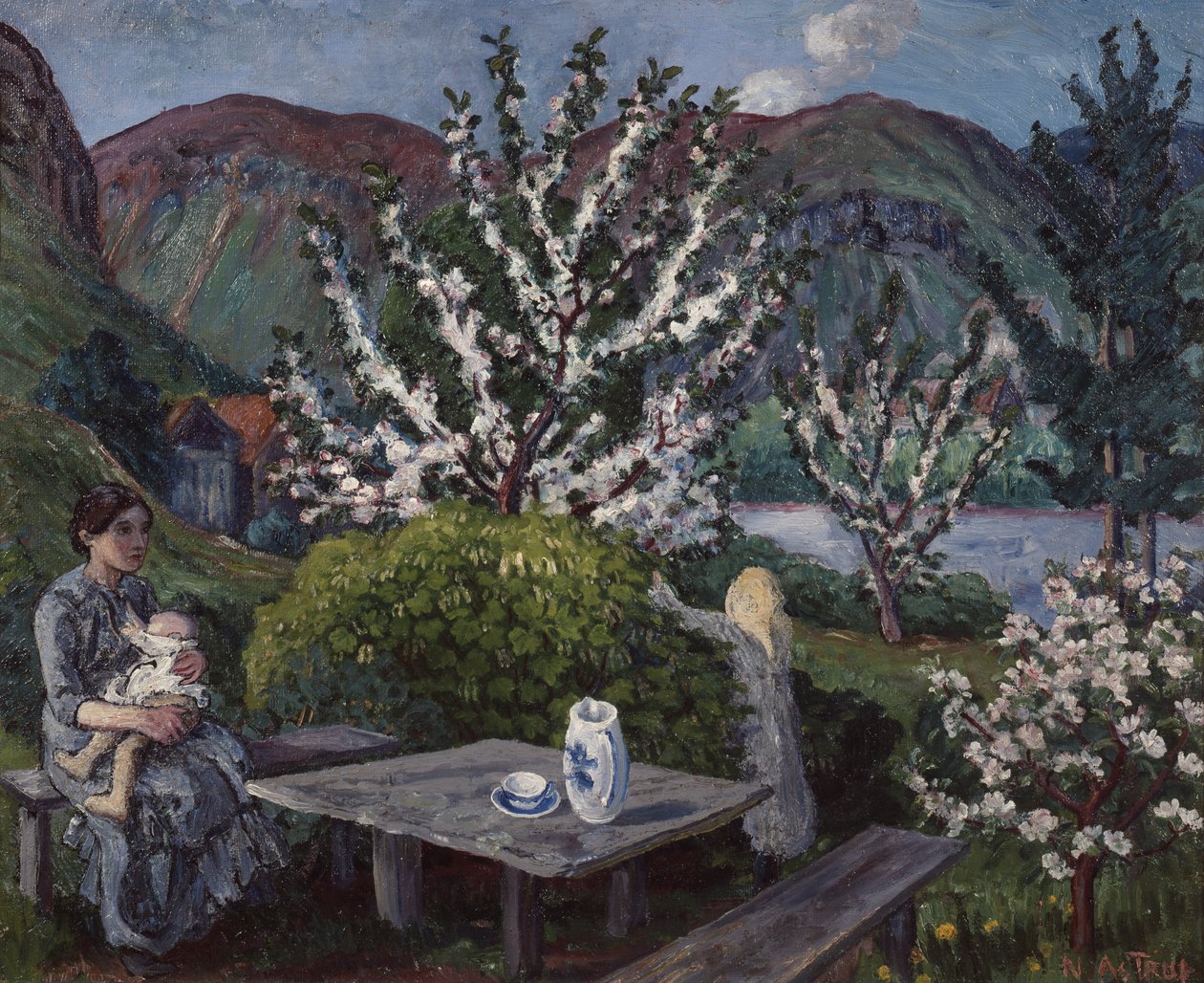 Mor og barn ved hagebordet av Nikolai Astrup
