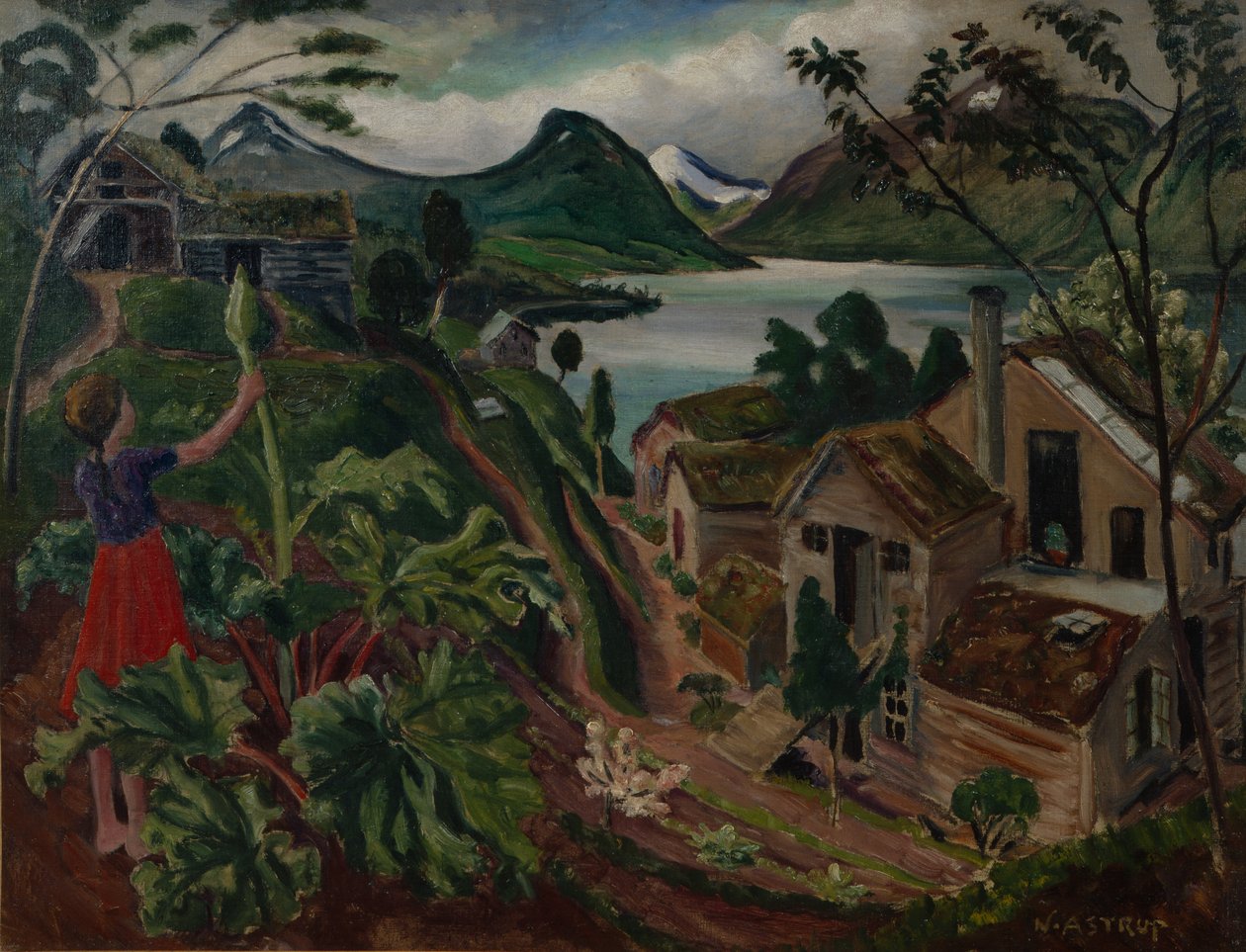 Rabarbra og ungpike på Sandalstrand (olje på lerret) av Nikolai Astrup