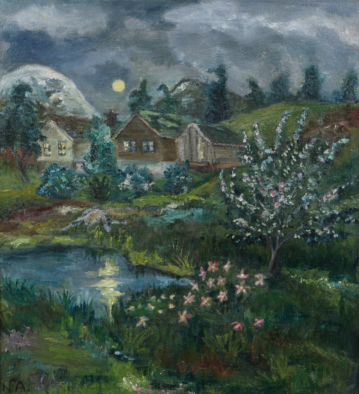 Vårnatt med fullmåne (olje på lerret) av Nikolai Astrup