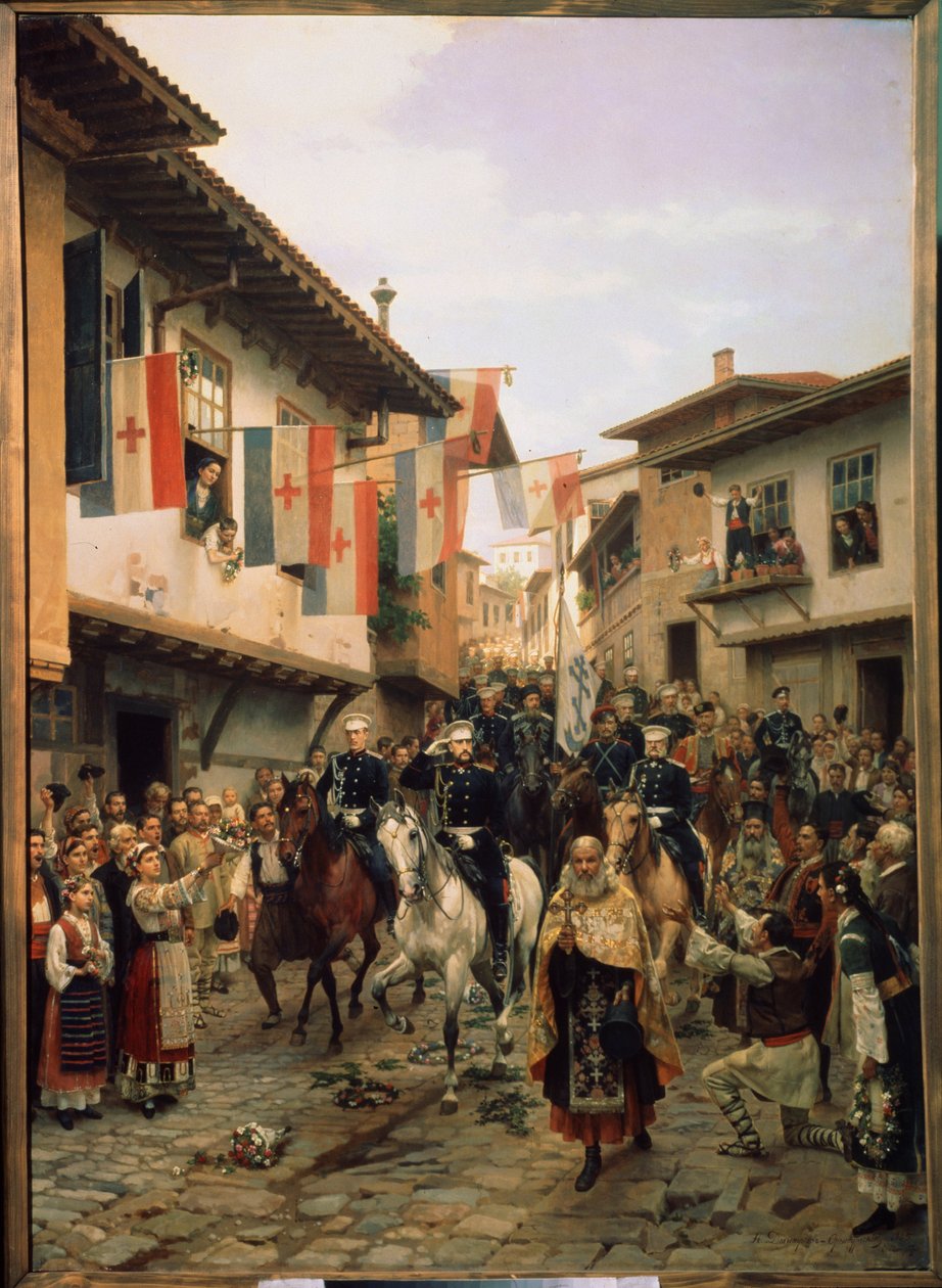 Russisk-tyrkisk (russisk-tyrkisk) krig 1877-1878: ""Storhertugen (storhertugen) Nicholas Nikolaievich av Russland (Nicholas Nicolaievich den eldste) (1831-1891) ved Veliko Tarnovo den 06.03.1877 i Bulgaria" " Maleri av Nikolai Dmitrievich Dmitriev Orenburg av Nikolai Dmitrievich Dmitriev Orenburgsky