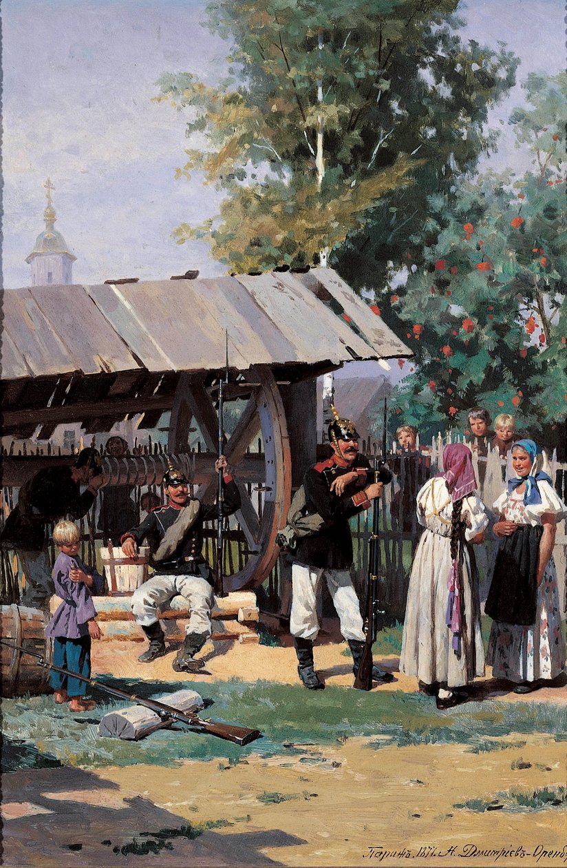 Russiske soldater i en landsby, 1877 av Nikolai Dmitrievich Dmitriev Orenburgsky
