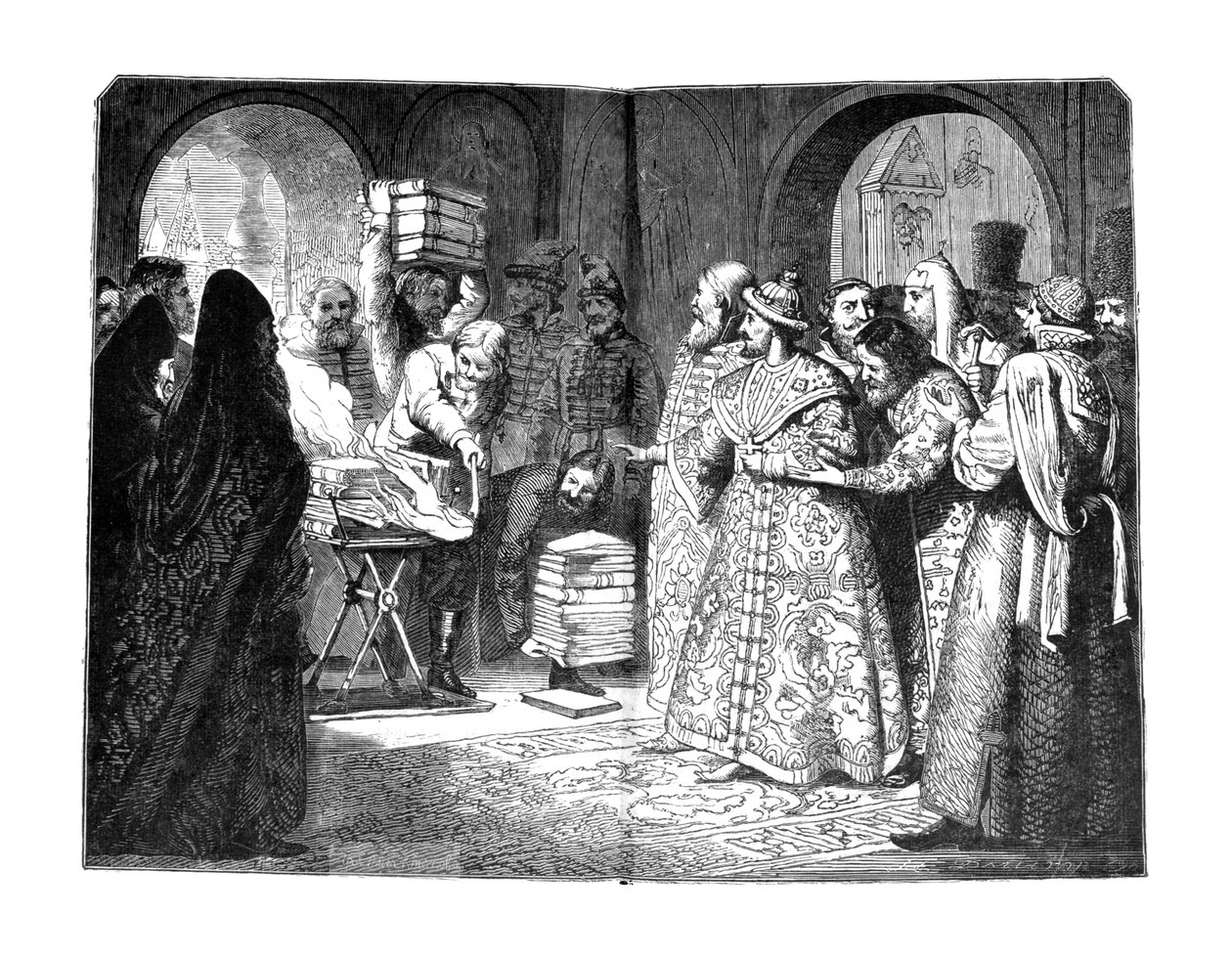 Tsar Fjodor III brenner bøkene om russisk adel 1682, 1880-tallet av Nikolai Dmitrievich Dmitriev Orenburgsky