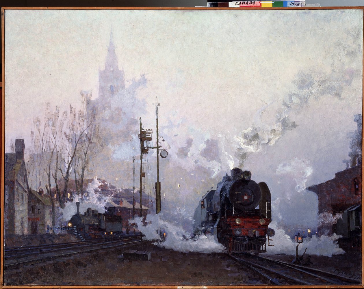 På veien (på vei). Damplokomotiver drukner bylandskapet i røyken fra skorsteinene. Maleri av Nikolai Dmitryevich Kuznetsov (1923-1974), olje på lerret av Nikolai Dmitrievich Kuznetsov