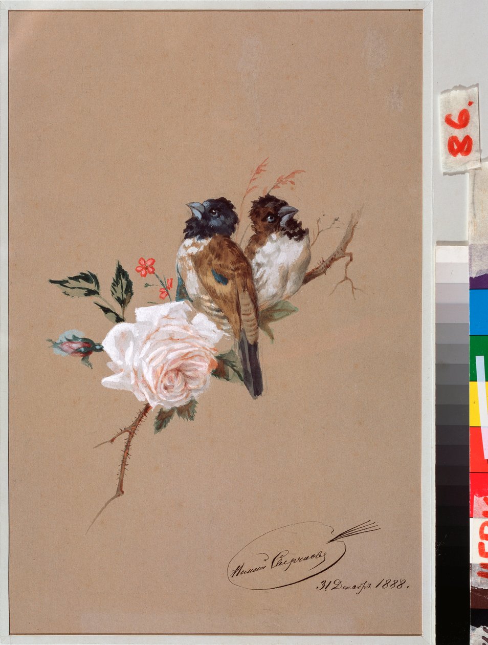 Two Birds On A Rose - Verk av Nikolai Yegorovich Sverchkov (Nicolas Swertschkoff) (1817-1898), akvarell og blekk på papir av Nikolai Egorevich Sverchkov