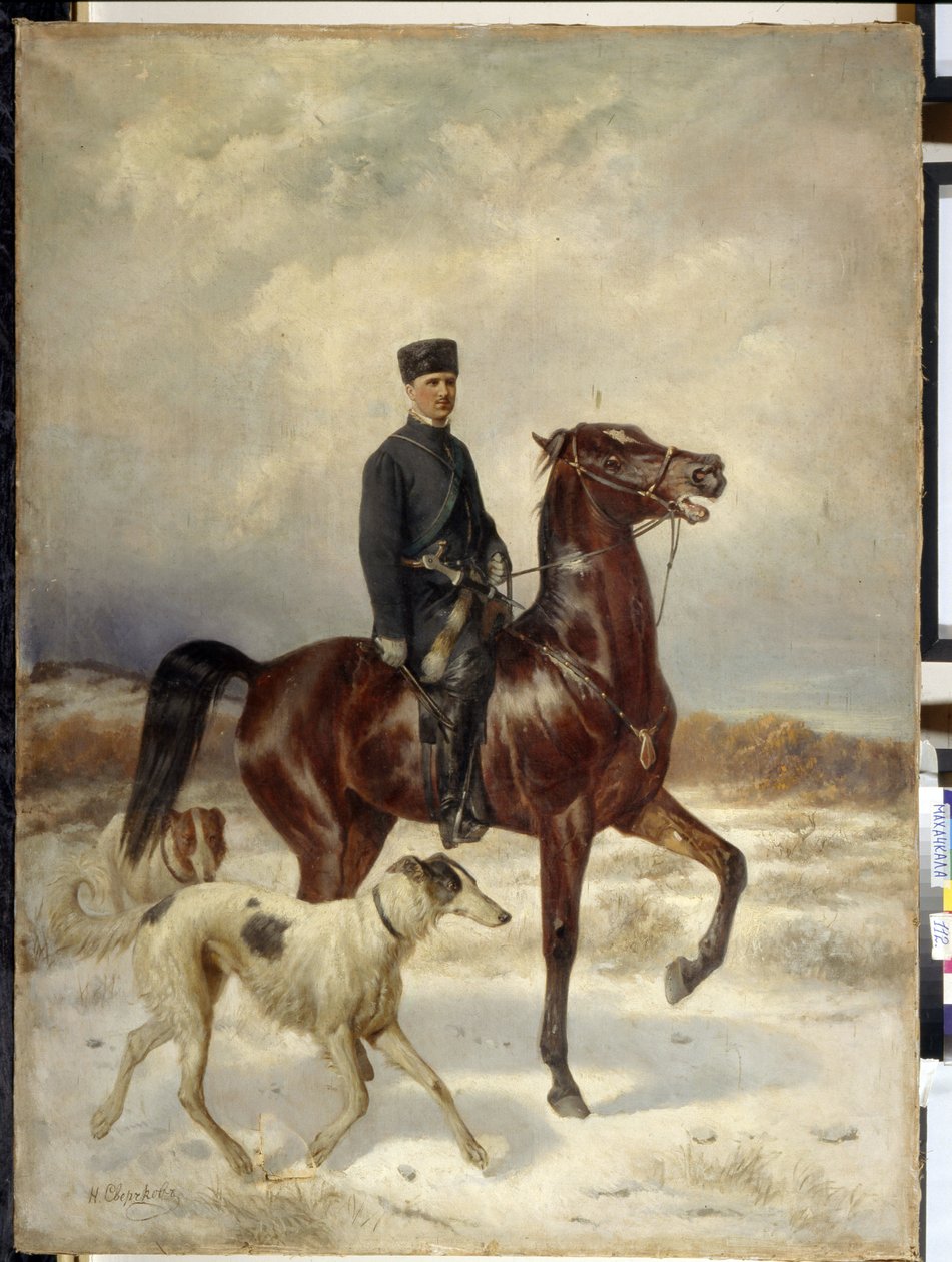 Jegeren (jegeren). På hesteryggen og akkompagnert av sine Barzoi-hunder (russisk mynde). Maleri av Nikolai Yegorovich Sverchkov (Nicolas Swertschkoff) (1817-1898), olje på lerret. russisk kunst av Nikolai Egorevich Sverchkov