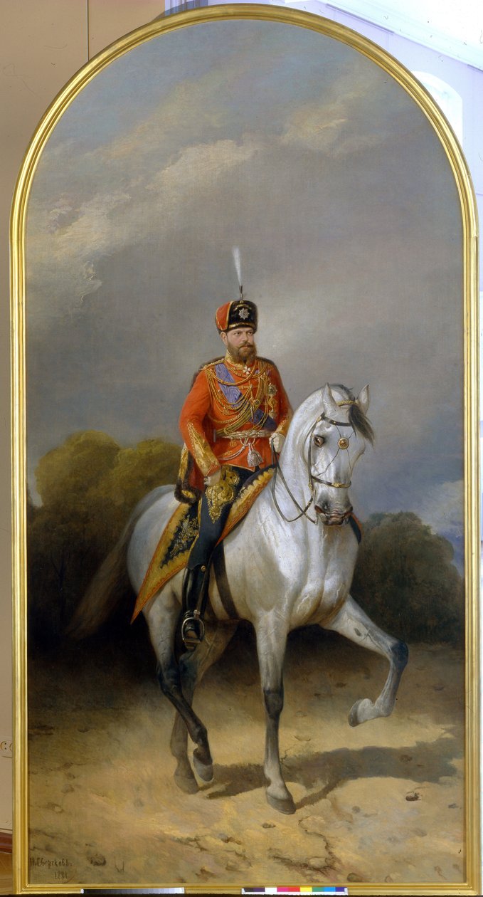 Portrett av keiser Alexander III (1845-1894) i uniform av husarregimentet til den keiserlige garde. (Portrett av keiser Alexander III (1845-1894) i uniformen til husarregimentet til Leib-garden). Maleri av Nikolai Yegorovich Sverchkov av Nikolai Egorevich Sverchkov