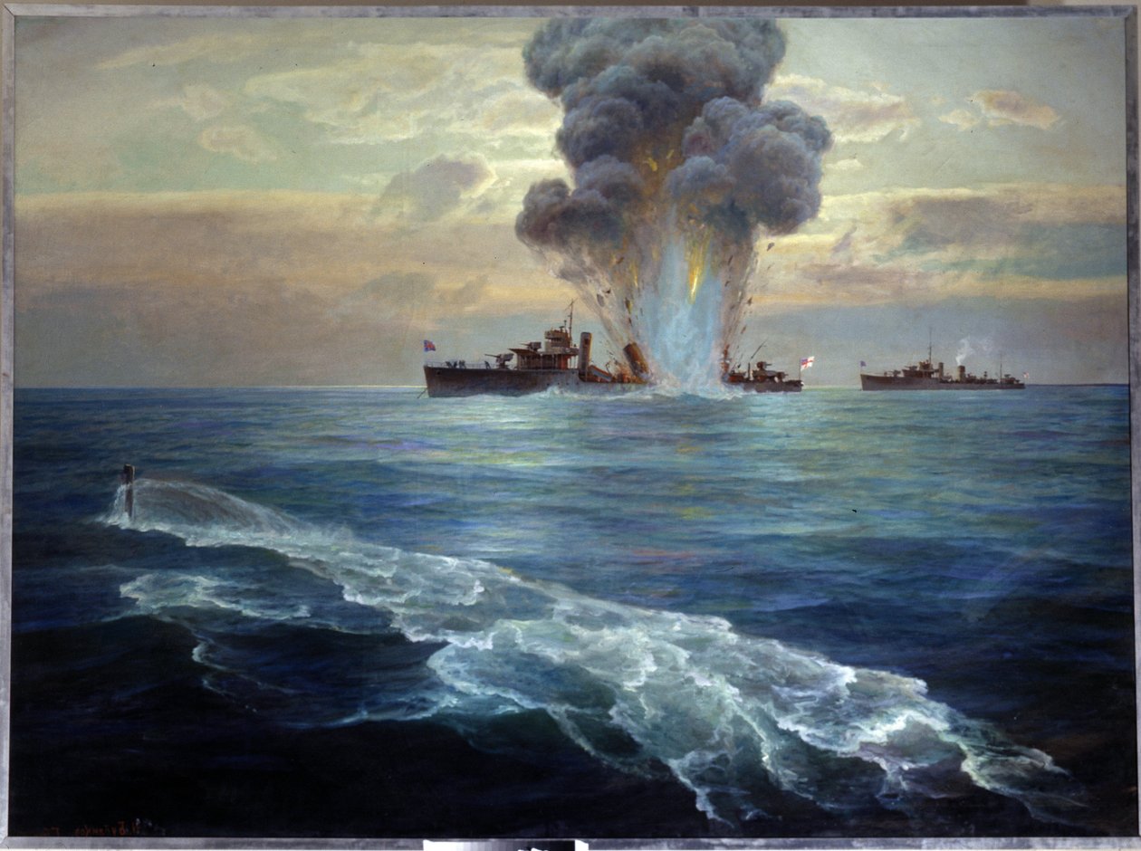 Russisk borgerkrig: Britisk destroyer Victoria torpedert av den bolsjevikiske ubåten Pantera utenfor øya Seskar (Finskebukta), 1. september 1919 (den britiske destroyeren Vittoria torpedert av den bolsjevikiske ubåten Pantera utenfor I av Nikolai Evlampievich Bublikov