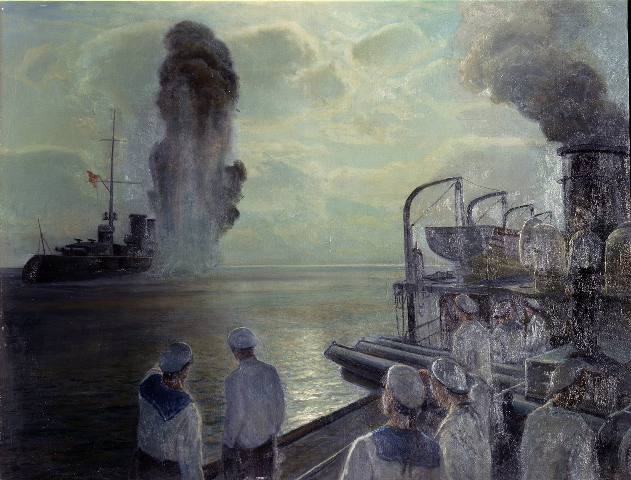 Russisk revolusjon i 1917: Den russiske Svartehavsflåten senker sine egne skip 18. juni 1918. (Svartehavsflåtens selvforlis 18. juni 1918). Maleri av Nikolai Eviampievich Bublikov (1871-1942), olje på lerret av Nikolai Evlampievich Bublikov