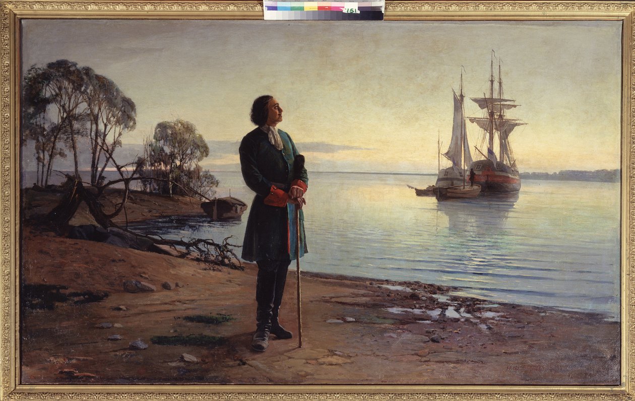 Her skal det bygges en by. Tsar Peter den store (Peter I av Russland av Nikolai Florianovich Dobrovolsky