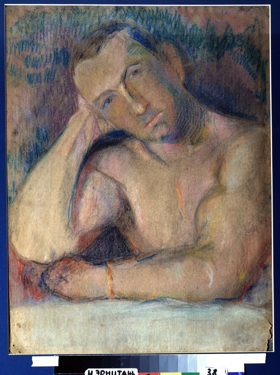 Portrait du poet Benedikt Livchits (1886-1939) (Portrait of the poet Benedikt Livshits) - Represente torse nu, la tete penchee, posee dans sa main - Oeuvre de Nikolai Ivanovich Kulbin (Nicolas Koulbine) (1868-1917), pastell på papir av Nikolai Ivanovich Kulbin