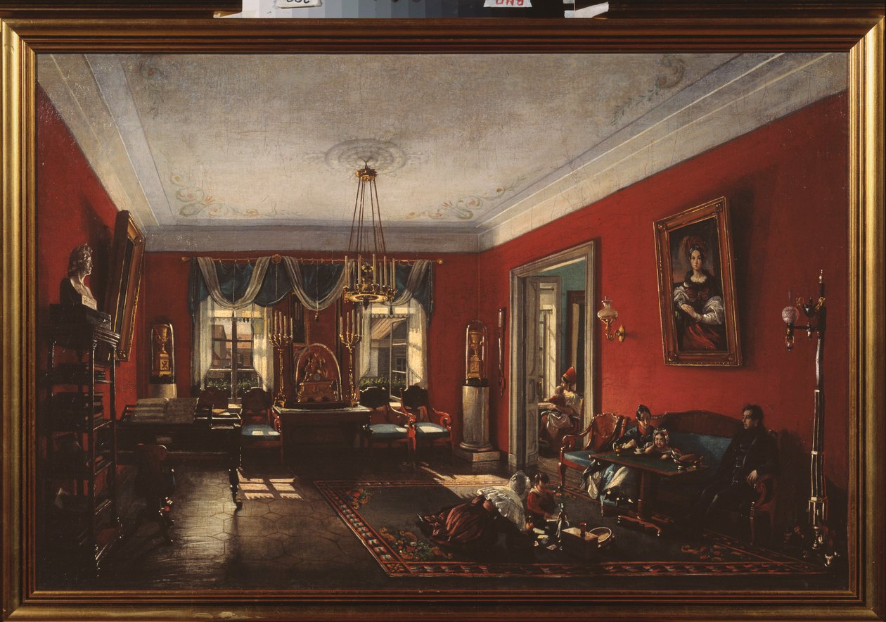 Salongen i Nashchokin-huset i Moskva. (Scene av daglig- og familieliv) - Salongen i Nashchokin-huset i Moskva - Maleri av Nikolai Ivanovich Podklyuchnikov (1813-1877), olje på lerret, tidlig 1840 - Russisk kunst av Nikolai Ivanovich Podlyuchnikov