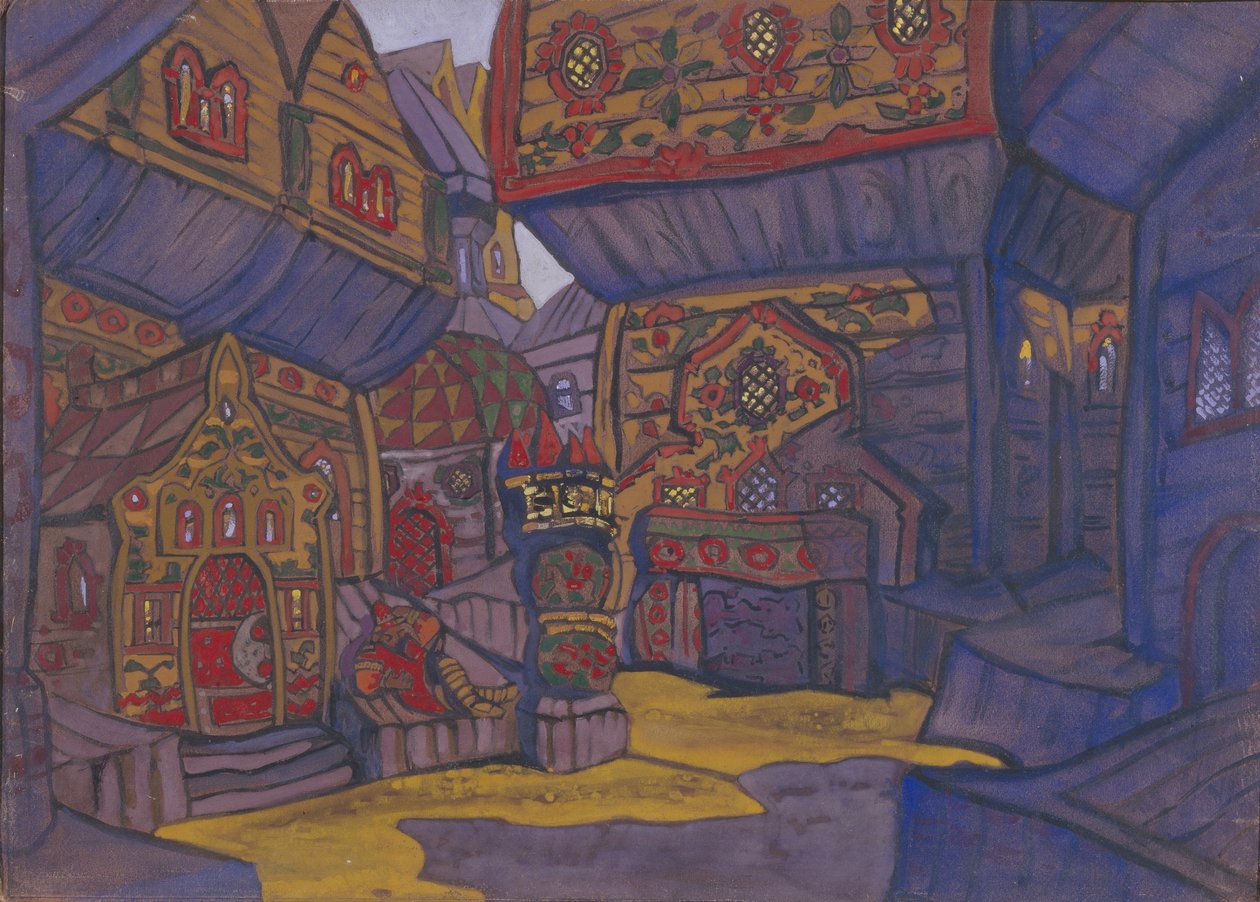Prins Vladimir Galitskys domstol. Scenedesign for operaen Prince Igor av A. Borodin, 1914 av Nikolai Konstantinowitsch Roerich