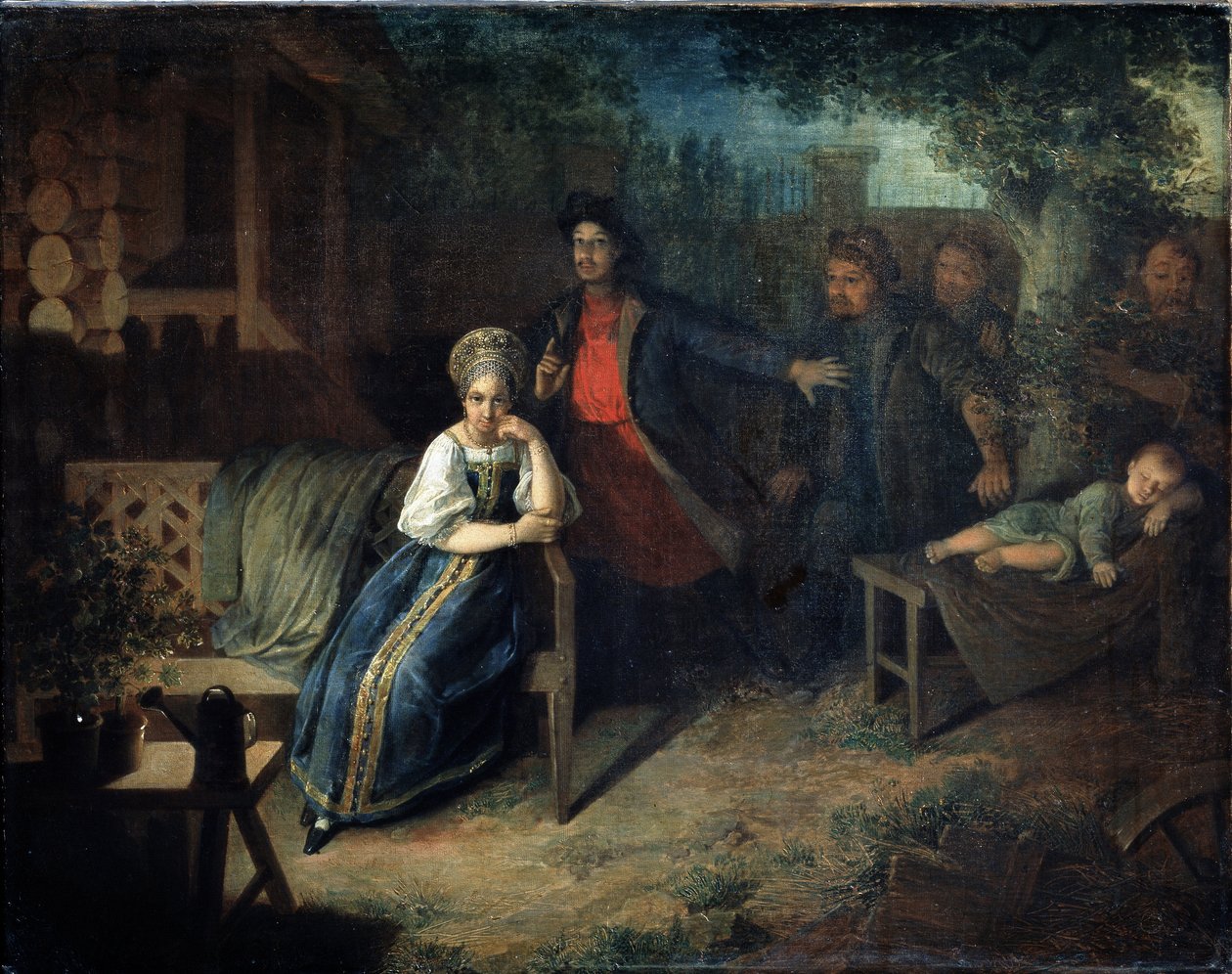 Raneren Yegor Bashlyk kidnapper kjøpmannens kone Grunya. Maleri av Nikolai Mikhailovich Alexeyev (1813-1880). Olje på lerret, 77,7 x 99,2 cm av Nikolai Mikhailovich Alexeyev