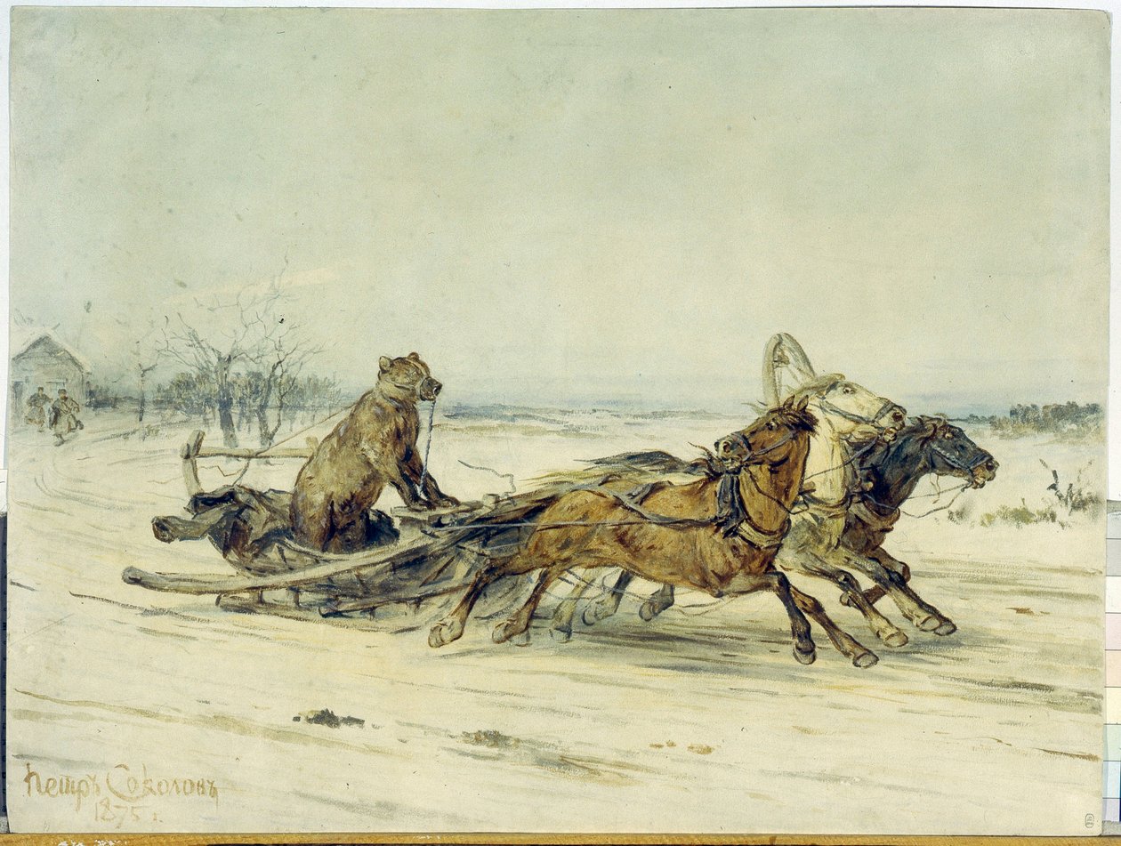 General Toptygin - En bjørn med snute, installert i en slede trukket av tre hester (troika), fra en historie av Nicolas (Nikolai) Nekrassov (1821-1877) - Maleri av Pyotr (Piotr) Petrovich Sokolov (1821-1899), olje på lerret av Nikolai Nekrassov