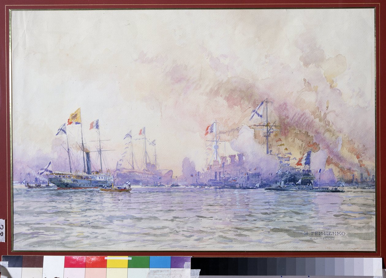 Ankomst av den franske skvadronen til Krondstadt i 1893. Maritimt landskap, med realistisk beskrivelse av de franske marinestyrkene (krigsskip, fregatter og korvetter), etter den fransk-russiske alliansen av Nikolai Nikolaevich Gritsenko