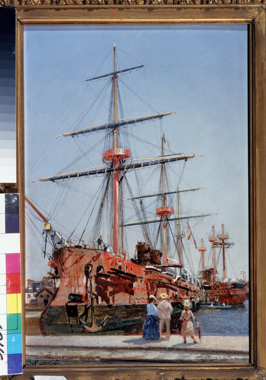 Konstruksjon av Admiral Kornilov-eskortekrysseren i Bretagne. (Bygging av den beskyttede krysseren Admiral Kornilov i Bretagne). Maleri av Nikolai Nikolayevich Gritsenko (1856-1900), olje på tre av Nikolai Nikolaevich Gritsenko