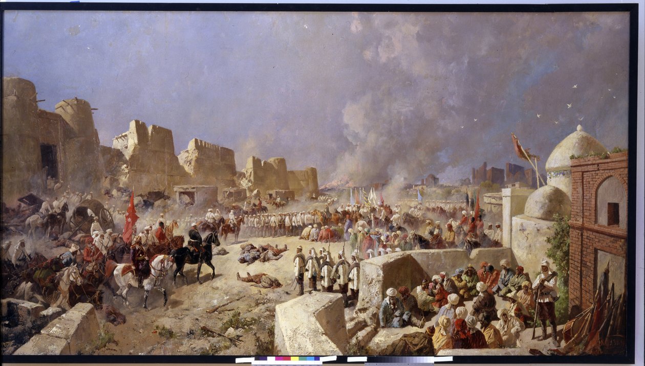 Den russiske hæren invaderer Samarkand (Usbekistan) (Den russiske hæren invaderte Samarkand). Periode med russisk ekspansjon til Sentral-Asia, russerne tar Samarkand i 1868. Maleri av Nikolai Nikolayevich Karasin (1842-1908), olje på lerret 1888. Kunst av Nikolai Nikolayevich Karasin