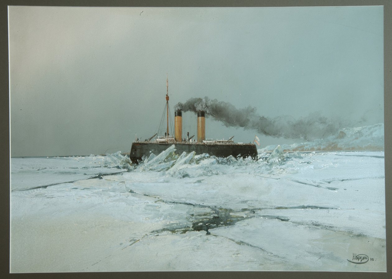 Det russiske isbryterskipet Iermak (Icebreaker Yermak) - Verk av Nikolai Nikolayevich Karasin (1842-1908), akvarell og hvitt på papir (45,4x76 cm) av Nikolai Nikolayevich Karasin