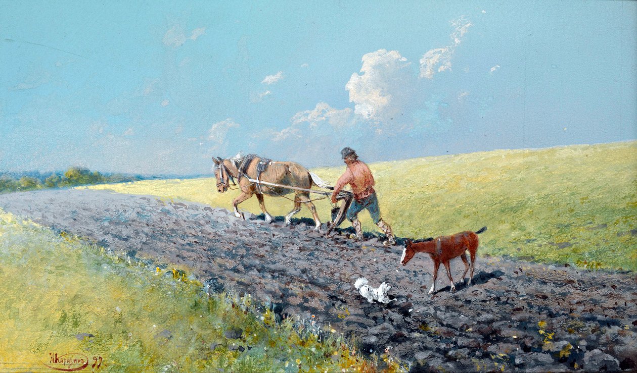""pløying"" Bonde som pløyer jordene sine, Russland Maleri av Nikolai Nikolayevich Karasin (1842-1908) 1899 Dim 16,5x27,5 cm Privat samling av Nikolai Nikolayevich Karasin