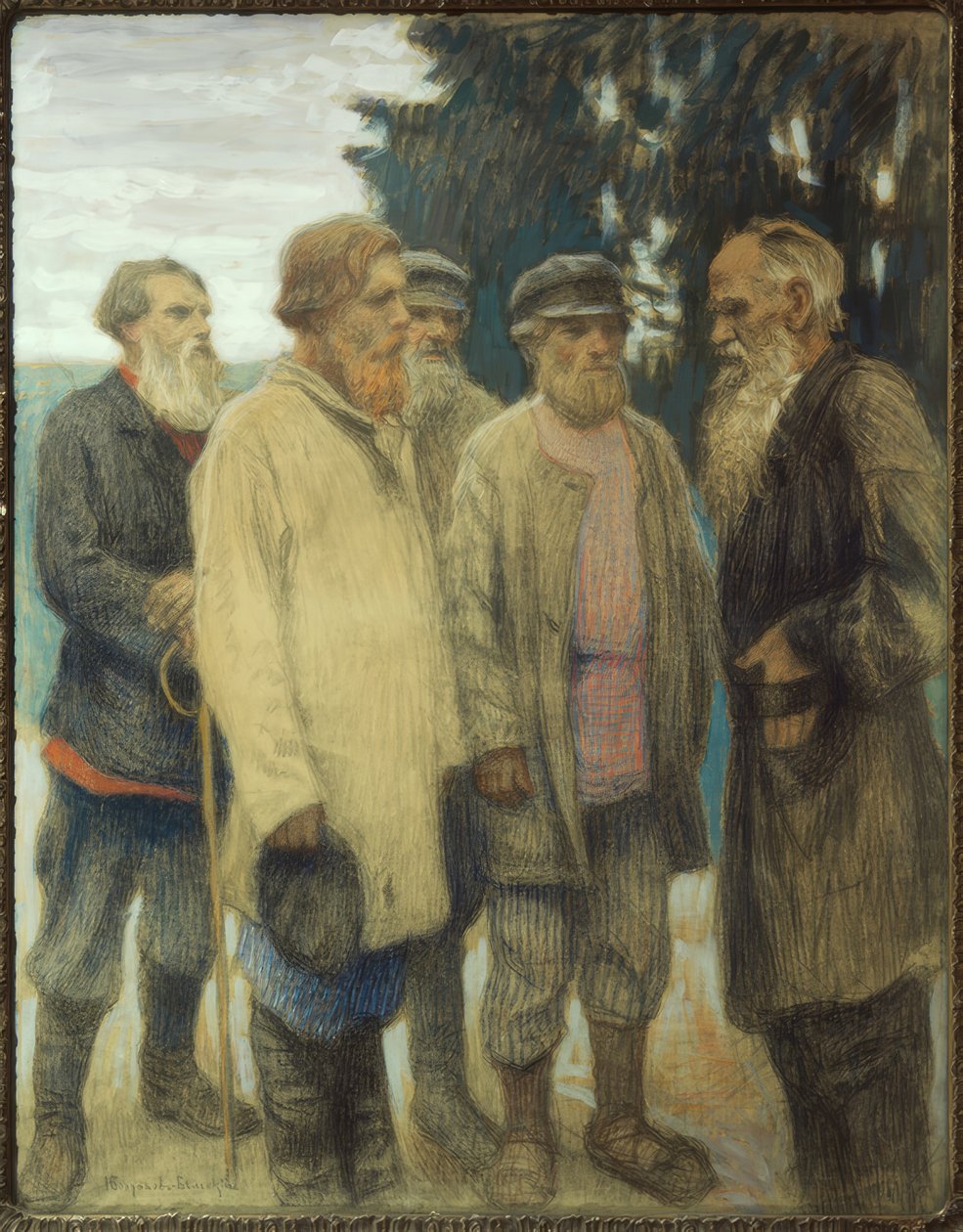 Leo Tolstoj med bønder / pastell av Bogdanow-Bjelski av Nikolai P. Bogdanow Bjelski