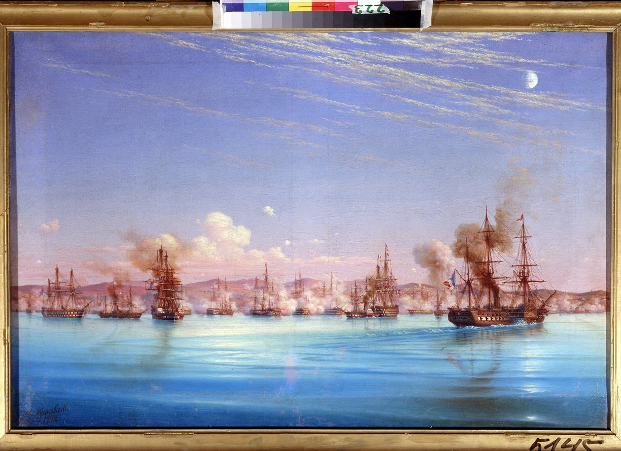 Bombardementet av Sebastopol av den fransk-britiske skvadronen i 1854. (Bombardement av Sevastopol fra den britiske franske skvadronen i 1854). Episode av beleiringen av byen fra 1854 til 1855, under Krim-krigen mellom koalisjonen av osmanske imperier, f. av Nikolai Pavlovich Krasovsky