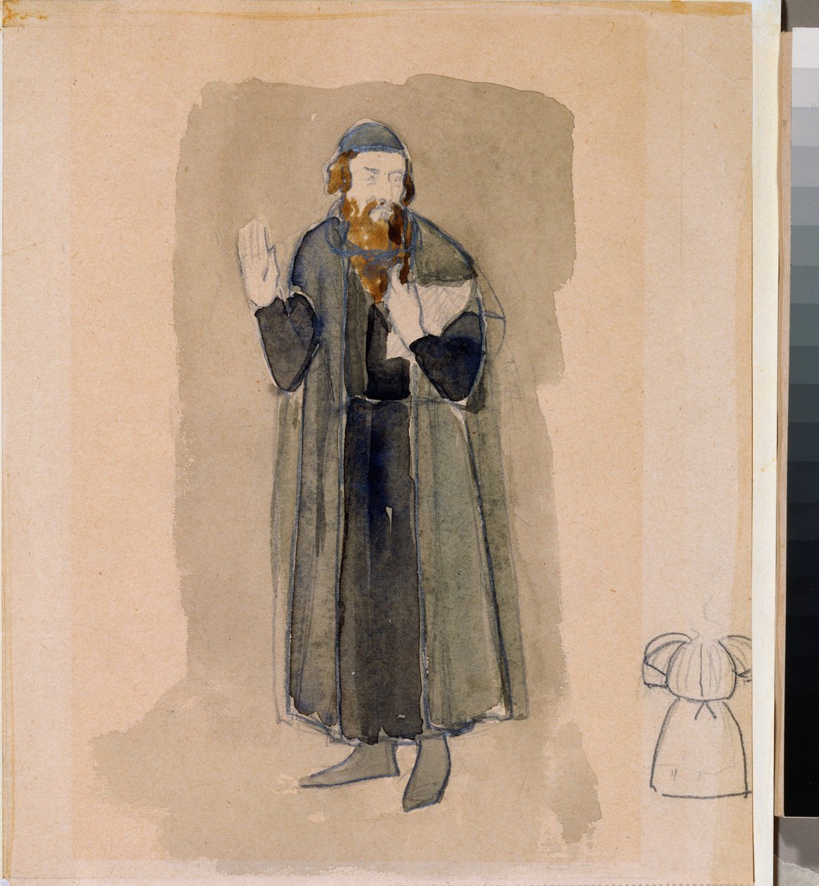 Forberedende kostyme, ågermannen, til teaterstykket ""Avare-ridderen"" av Alexander Pushkin (1799-1837) (Kostumedesign for teaterstykket The Miserly Knight av A Pushkin) - Verk av Nikolai Pavlovich Ulyanov (Ulyanov) (1875) -1949), blyan av Nikolai Pavlovich Ulyanov
