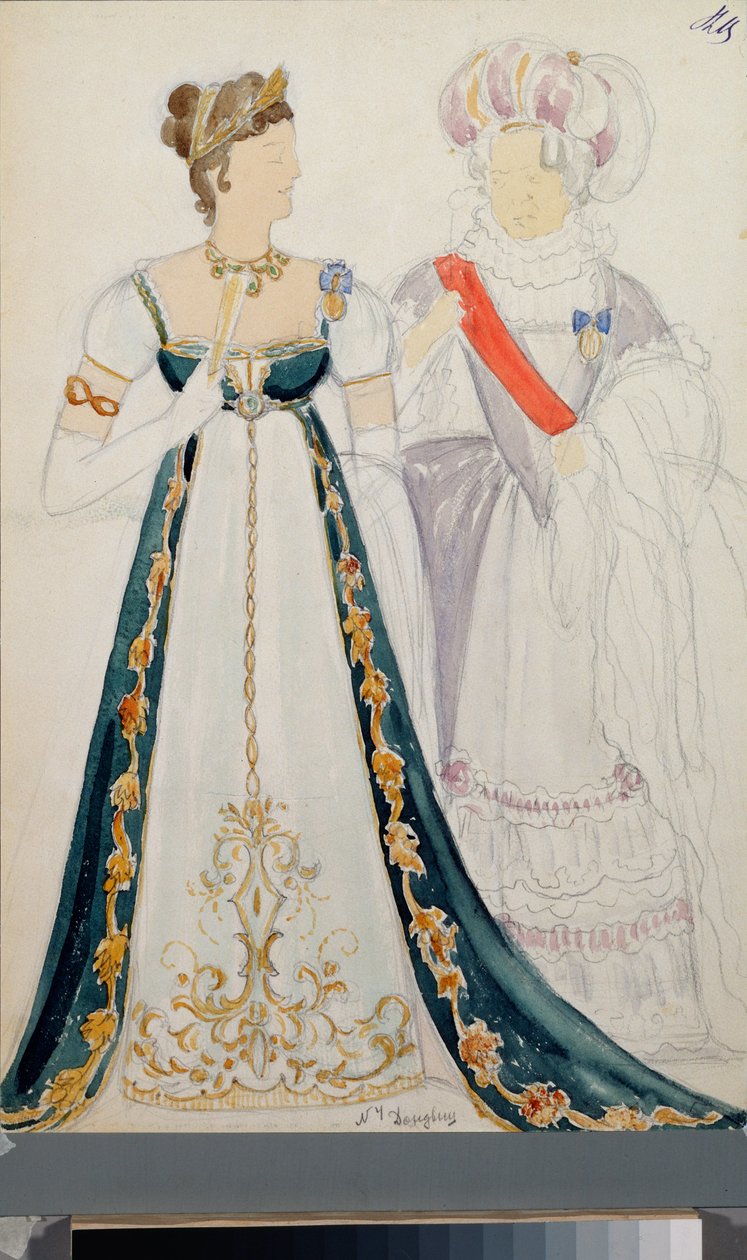 Forberedende kostymer, to kvinner, til operaen ""Eugene Oneguine"" av Piotr Tchaikovsky (1840-1893), blyant og akvarell på papir av Nikolai Pavlovich Ulyanov