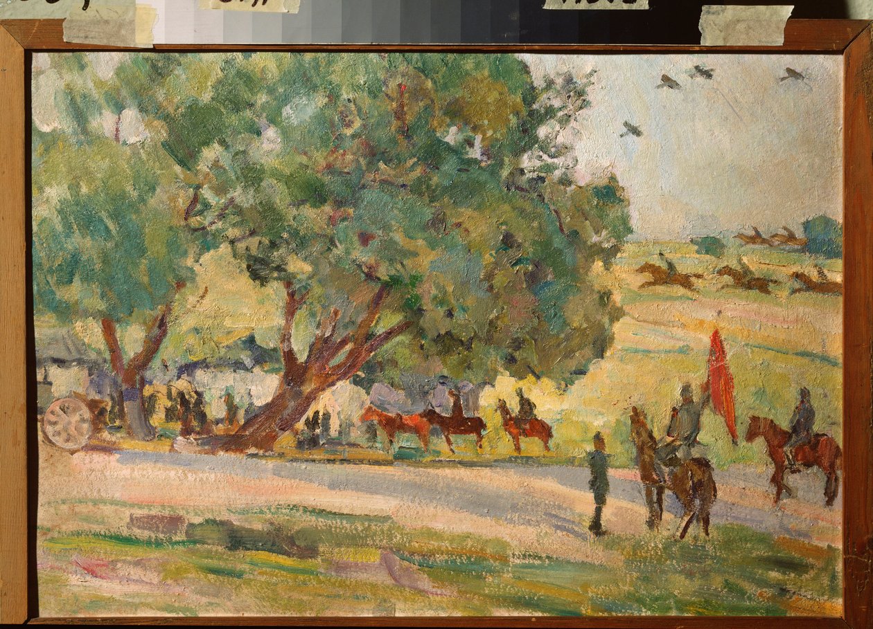 Militære manøvrer i nærheten av Moskva (Manøvrer nær Moskva) - Verk av Nikolai Pavlovich Ulyanov (Ulyanov) (1875-1949), olje på papp av Nikolai Pavlovich Ulyanov