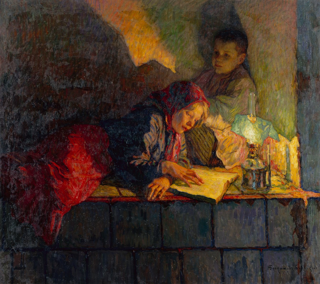 Barn som leser med levende lys (olje på lerret) av Nikolai Petrovich Bogdanov Belsky