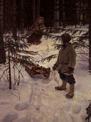 Innsamling av ved, Russland av Nikolai Petrovich Bogdanov Belsky