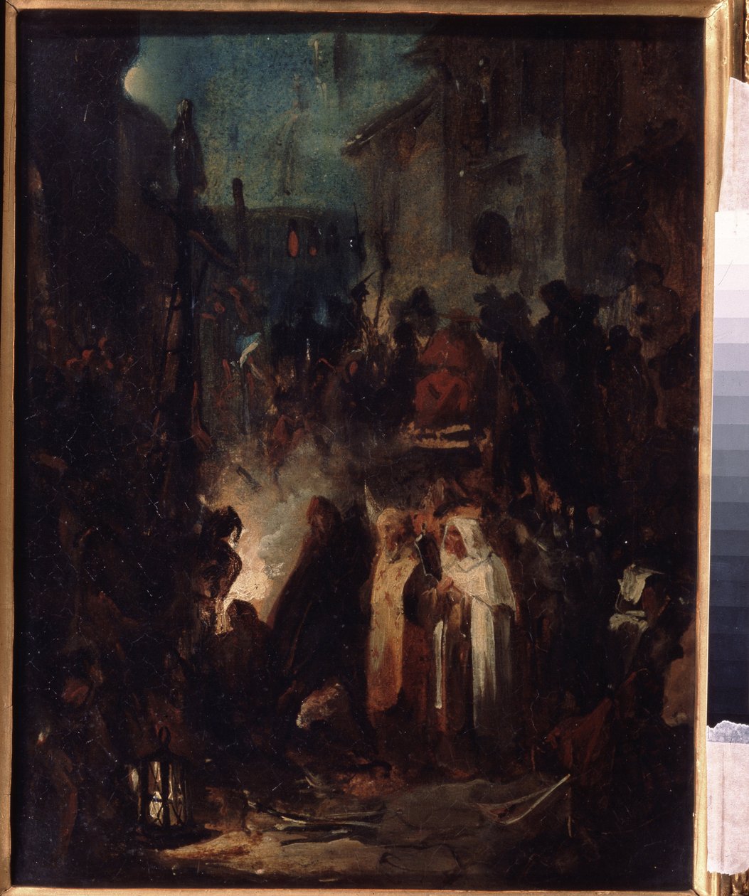 Autodafe (Autodafe). Gatebilde, om natten, etter dom fra inkvisisjonsdomstolen, er folkemengden og de geistlige samlet rundt bålet. Verk av Nikolai Petrovich Lomtev (1816-1859), olje på papp. russisk kunst av Nikolai Petrovich Lomtev