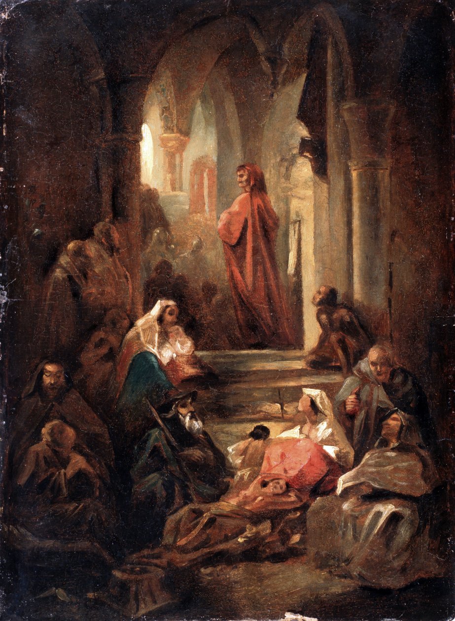En scene fra livet til Dante Alighieri (1265-1321) (En scene fra Dante Alighieris liv). Verk av Nikolai Petrovich Lomtev (1816-1859), olje på papp av Nikolai Petrovich Lomtev