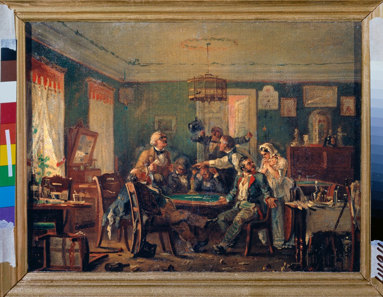 Kortspill - Kortspill - Maleri av Nikolai Petrovich Petrov (1834-1876), olje på lerret, rundt 1850 - 1800-tallets russisk kunst - Statens russiske museum, St. Petersburg av Nikolai Petrovich Petrov